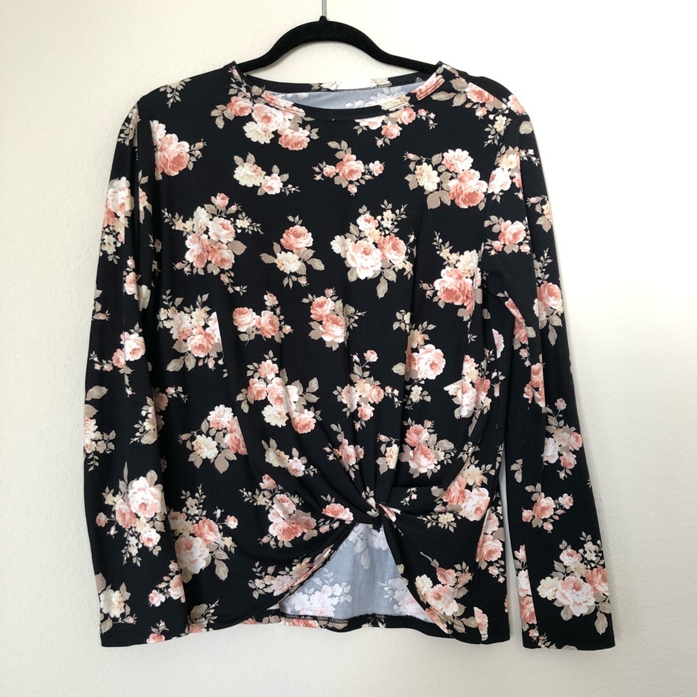 Stretch Black Long Sleeve Floral Top